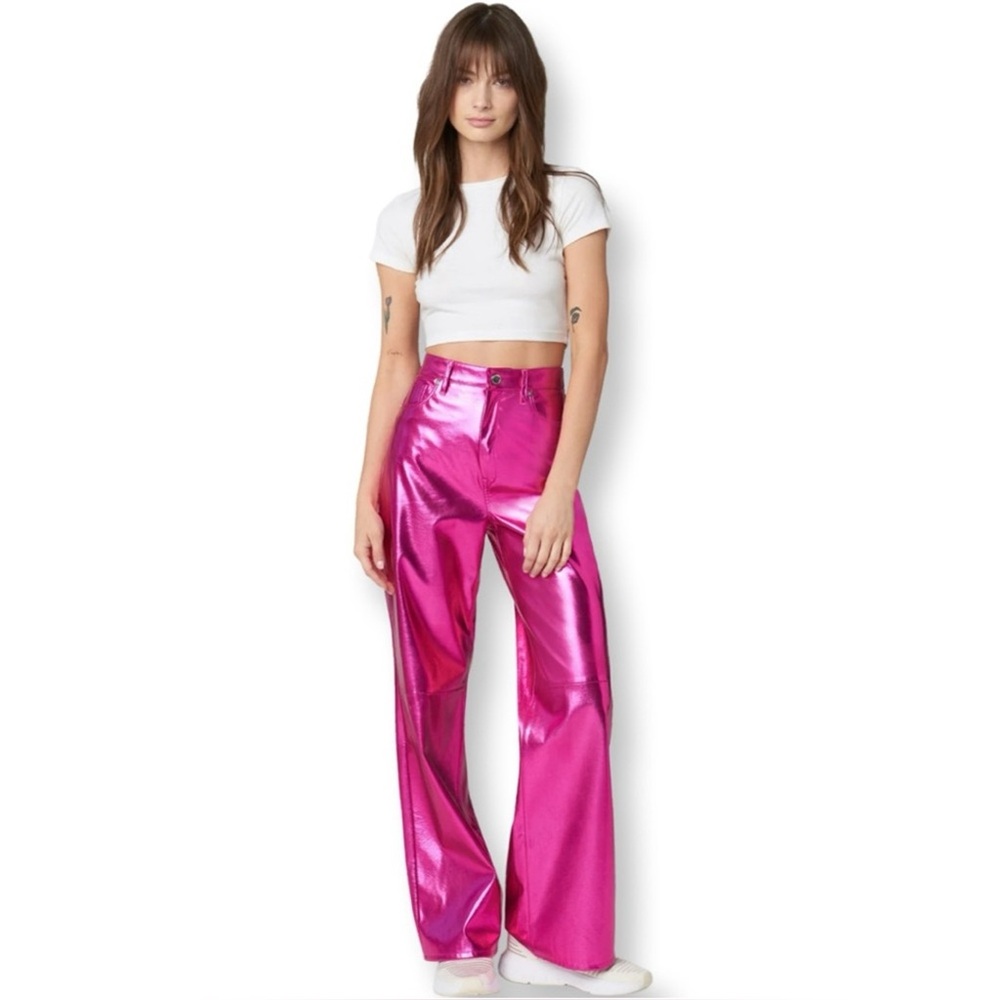 Blank NYC‎ Metallic fuchsia Pink Wide Leg High Rise Pants